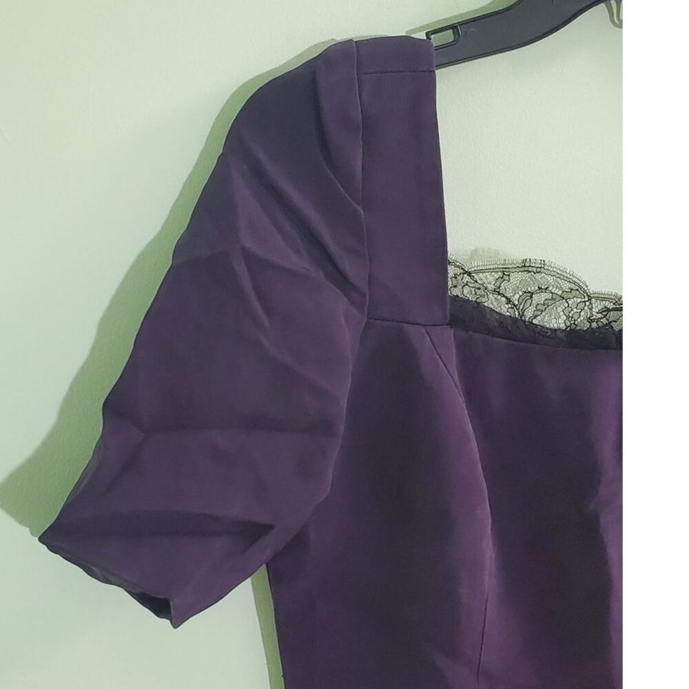 ❤️‍ VINTAGE Roland Nivelais 90s Designer Dark Purple Silk Lace-Trim Dress Size 8 - Picture 5 of 10